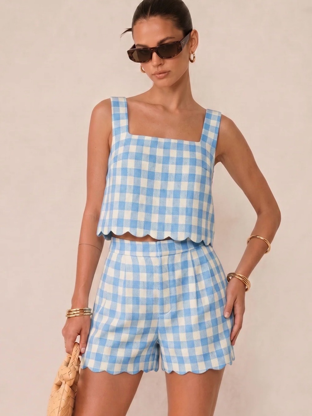 Commense Blue and White Gingham Scallop Crop Top & Shorts Set